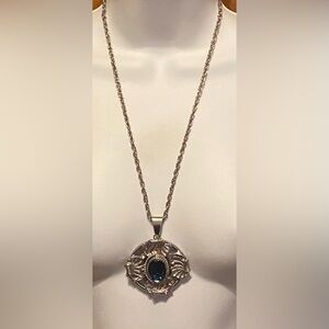 Vintage Ornate Renaissance Revival Pendant Sapphire Glass Cabochon Necklace